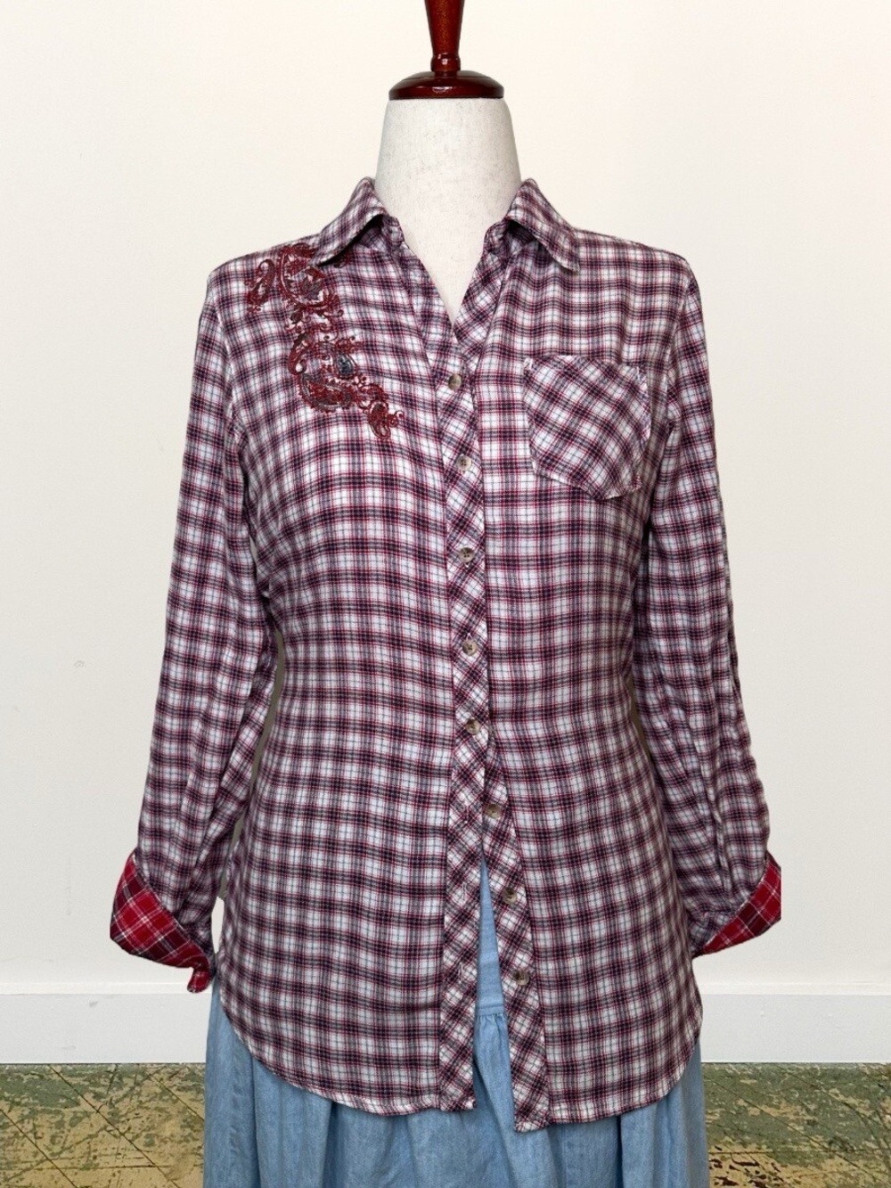 Eddie Bauer Plaid Button-Front Shirt with Embroidery